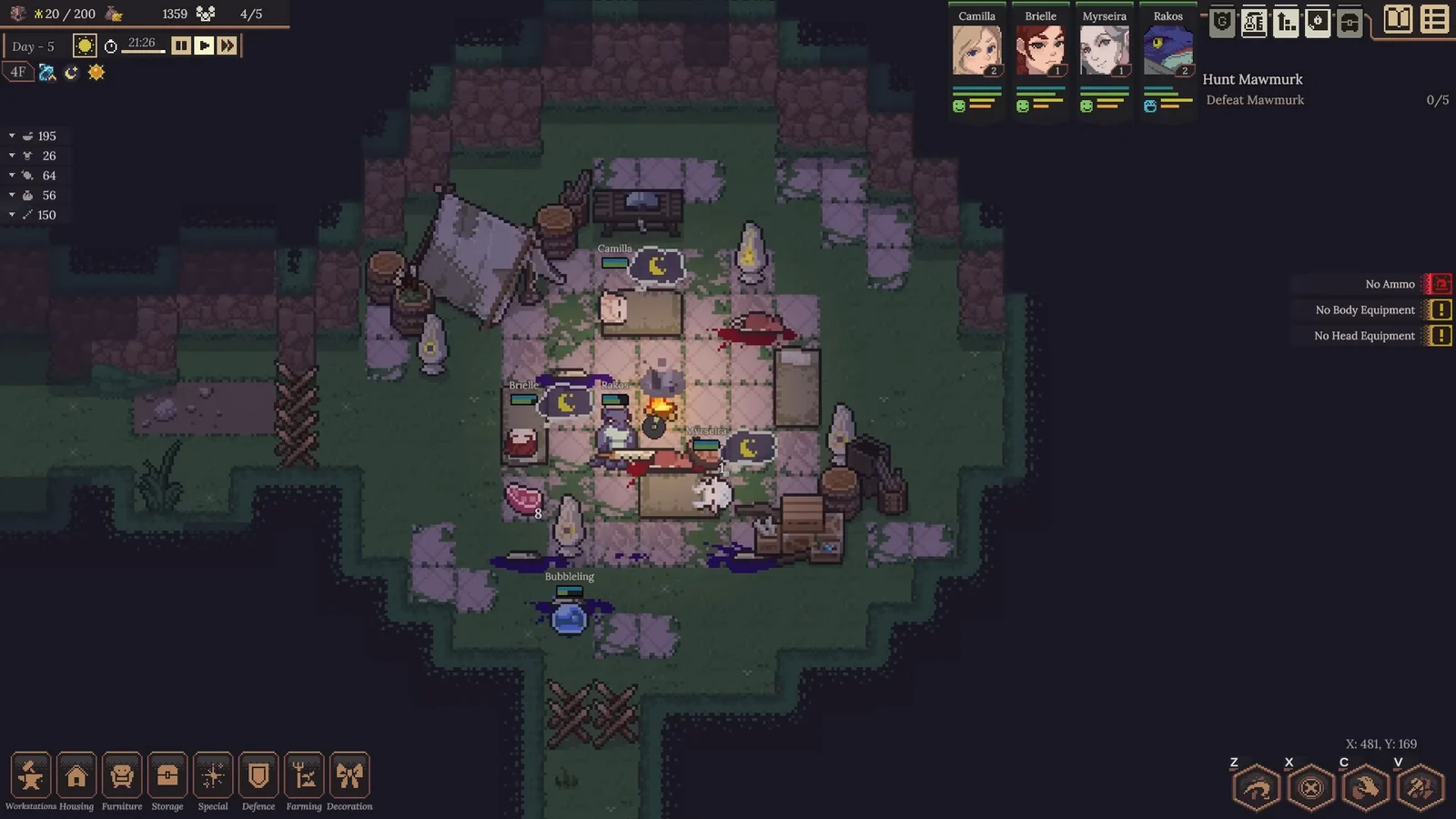 A party exploring a pixel-art dungeon in Dungeon Settlers
