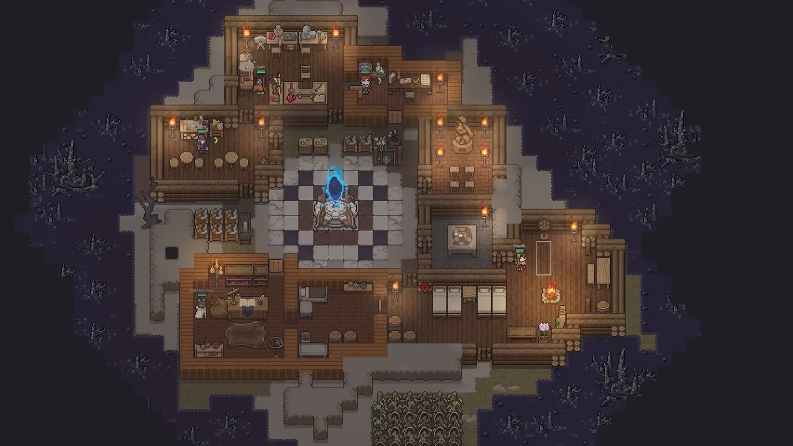 A Dungeon Settlers settlement and its surrounding terrain